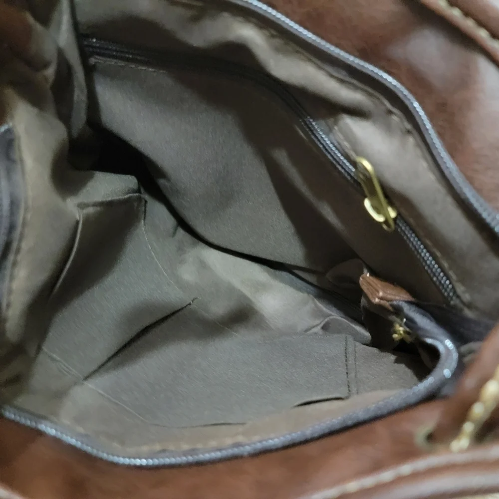 Zhi Zhou Crossbody Bag Flap Top Brown with Contrast Stitching
